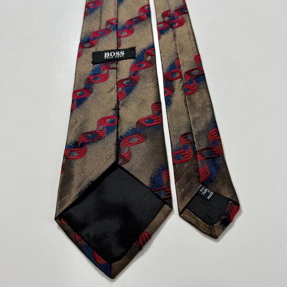 Hugo Boss Men's Made In Italy Neck Tie Brown Red 100% Silk Striped Woven Necktie - Picture 2 of 8